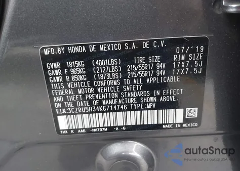 2019 Honda Hr-V Lx z USA, uszkodzony, nr VIN 3CZRU5H34KG714746